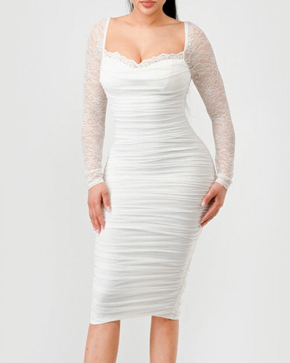 Lace Trim Square Neck Lace Long Sleeve Back Slit Bodycon Dress Zipper Back Backless Ruched Party Dress