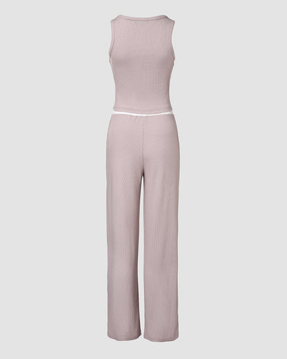 2 Piece Outfits Notch Neck Sleeveless Top Stretchy Waist Straight Leg Pants Lounge Sets Tracksuit