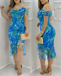 ChicMeLive Women's Watercolor Floral Print Mesh Ruffle Hem Dress Stretchy Pearl Strap Cowl Neck Slit Bodycon Dress