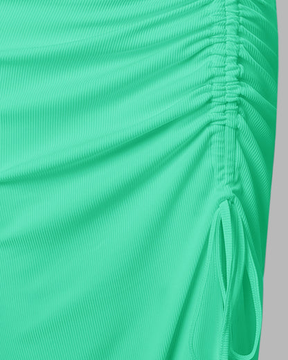 Side Slit Drawstring Ruched Bodycon Casual Sun Maxi Dresses Sleeveless Ribbed Tank Dress