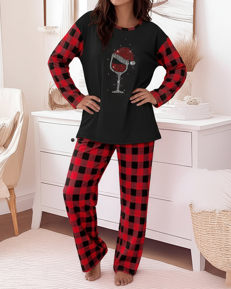 2 Pieces Outfit Rhinestone Christmas Santa Hat & Wine Glass Graphic Plaid Print Spliced Colorblock Long Sleeve Top and Plaid Print Elastic Waist Pants Set Casual Pajamas Set