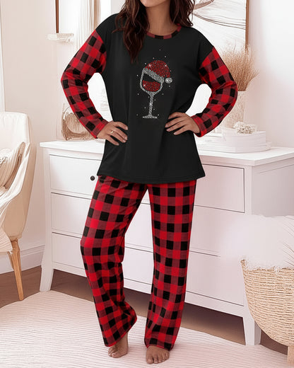 2 Pieces Outfit Rhinestone Christmas Santa Hat & Wine Glass Graphic Plaid Print Spliced Colorblock Long Sleeve Top and Plaid Print Elastic Waist Pants Set Casual Pajamas Set