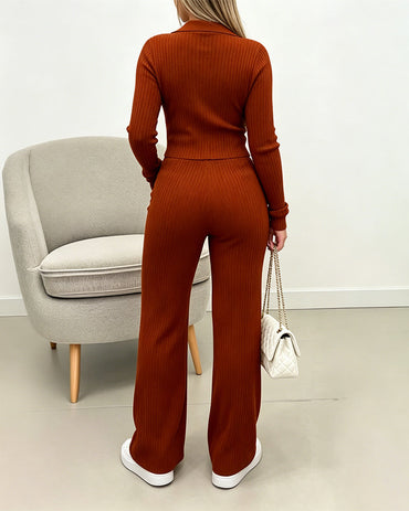 Women's Three Piece Knit Outfit Collared Two Way Zipper Coat and V Neck Tank Top and Bootcut Pants Ribbed Set