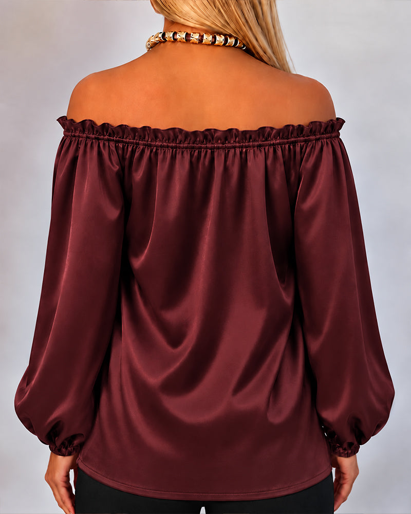 CHICMELIVE Off Shoulder Satin Tops Women Ruffle Tie Front Blouse