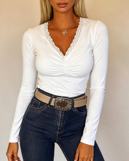 CHICMELIVE Women Lace Long Sleeve Top V Neck Fitted Shirts Fall Blouses