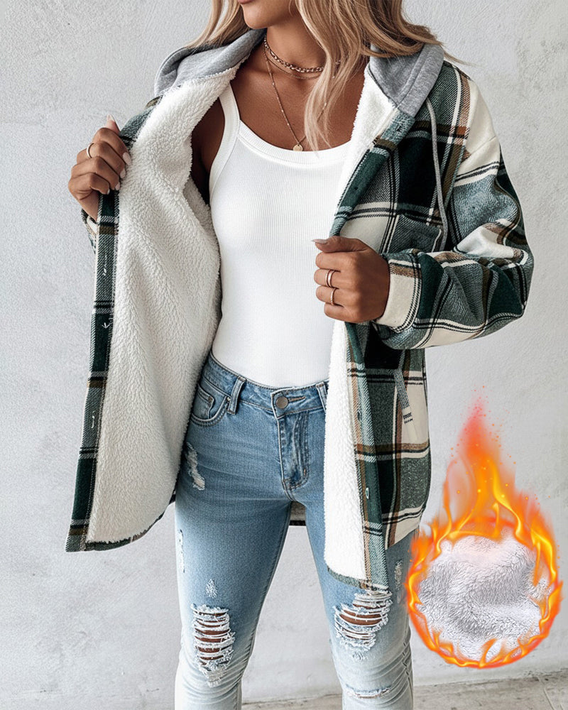 CHICMELIVE Womens Casual Jacket Plaid Hooded Fleece Lined Shacket