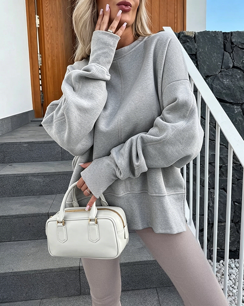 Women's Casual Crewneck Sweatshirt Loose Long Sleeve Side Slit Pullover Top with Thumb Holes