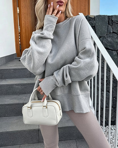 Women's Casual Crewneck Sweatshirt Loose Long Sleeve Side Slit Pullover Top with Thumb Holes
