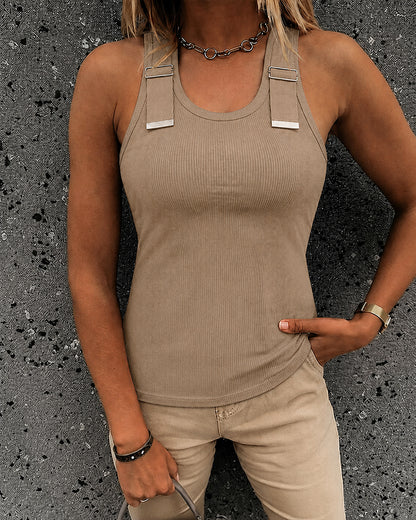 CHICMELIVE Women's Buckle Decor Ribbed Tank Tops Cami Shirts