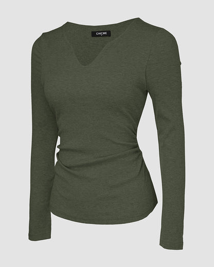 ChicMe Built-in Bra Notch Neck Long Sleeve Shirts Rib-Knit Ruched Waist Top