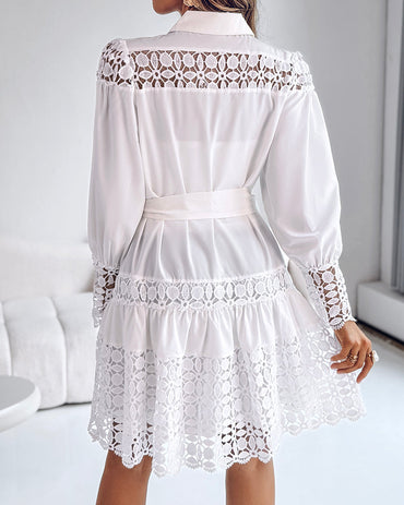 Guipure Lace Spliced Turn-down Collar Long Sleeve Button Front Shirt Dress Casual Tie Waist Ruffle Hem Dress