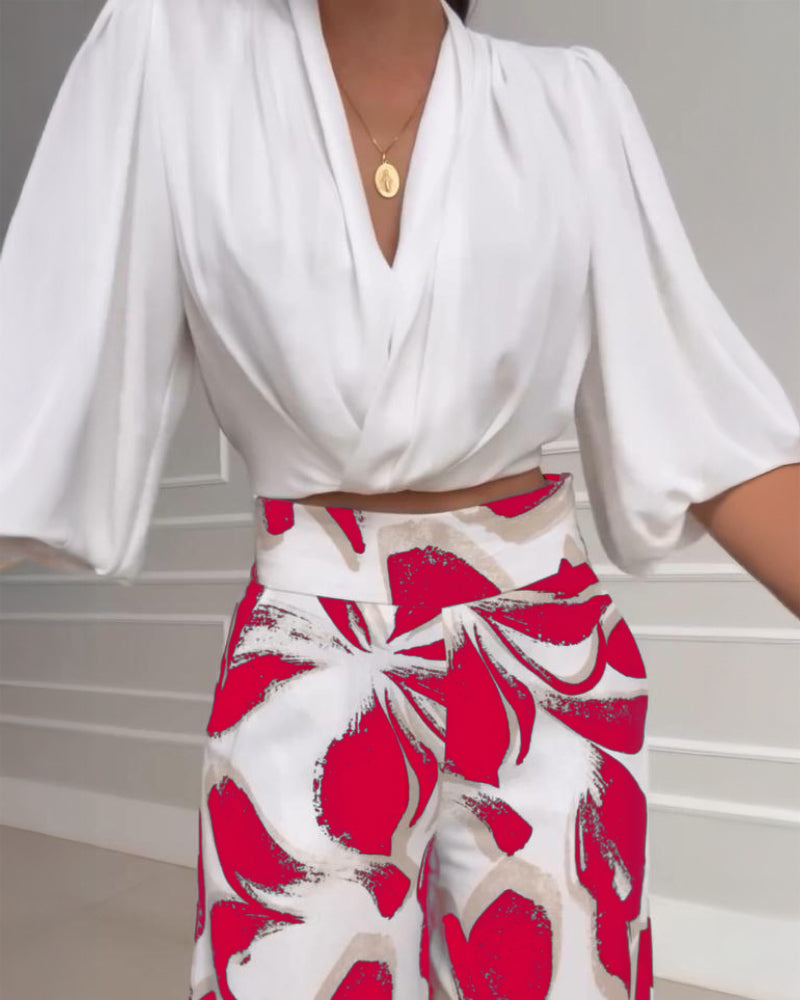 2 Pieces Outfit Wrap Plunge V Neck Crop Blouse and Casual Floral Print Wide Leg Pants Set