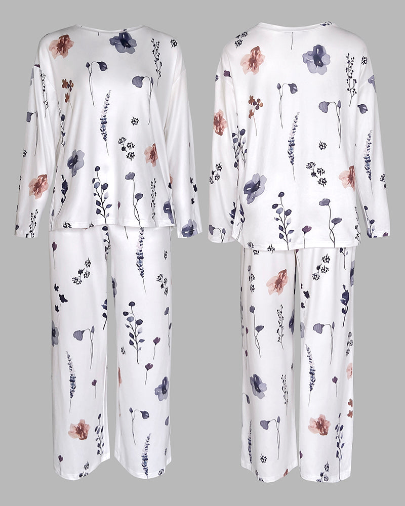 2 Pieces Outfit Floral Print Long Sleeve Drop Shoulder Top and Elastic Waist Pants Sets Casual Pajamas Set