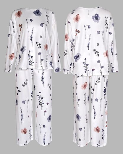 2 Pieces Outfit Floral Print Long Sleeve Drop Shoulder Top and Elastic Waist Pants Sets Casual Pajamas Set