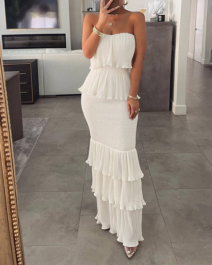 Layered Ruffle Shirred Slim Fit Strapless Dress Textured Maxi Party Dress