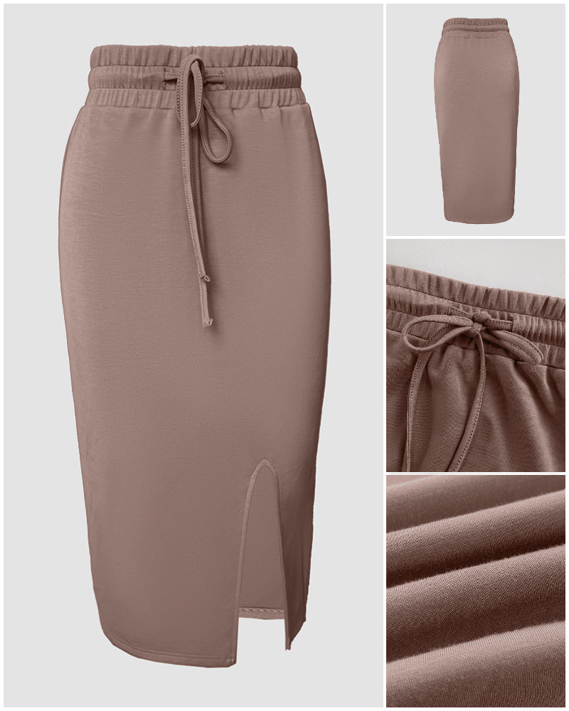 2 Pieces Outfit NOPE. not today Slogan Print Long Sleeve Stretchy Hem Crop Top and High Waist Drawstring Elastic Waist Slit Casual Skirt Set