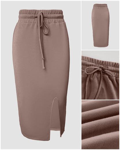 2 Pieces Outfit NOPE. not today Slogan Print Long Sleeve Stretchy Hem Crop Top and High Waist Drawstring Elastic Waist Slit Casual Skirt Set