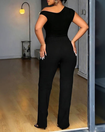 ChicMeLive Women's 2 Piece Set Skew Neck Slim Fit Top and Elastic Waist Flare Pants with Metal Detail