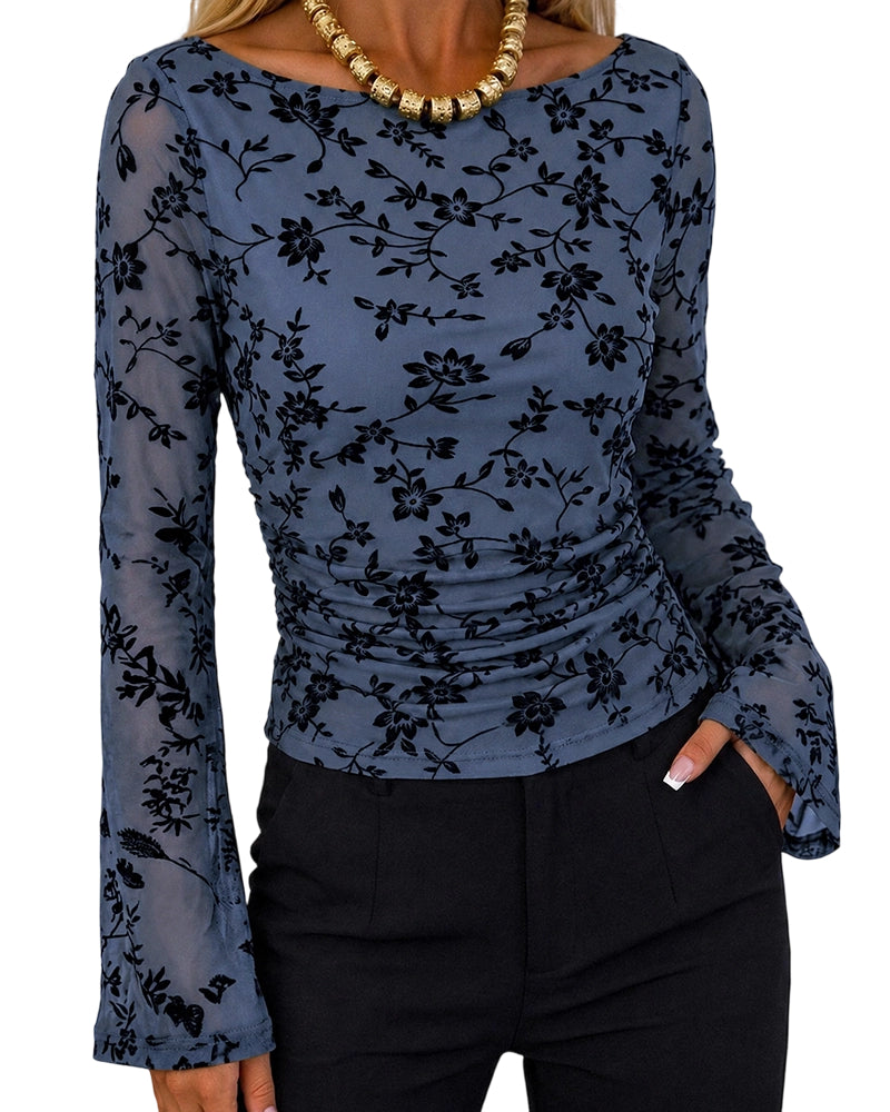 Couture Women's Bell Sleeve Floral Mesh Top