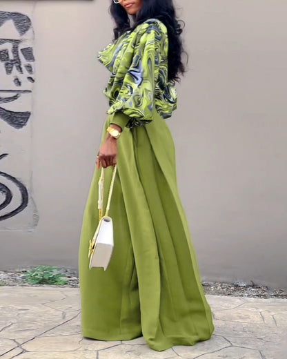2 Pieces Outfit Abstract Print Cowl Neck Lantern Sleeve Stretchy Hem Crop Top and Casual Zipper Side Ruched Wide Leg Pants Set