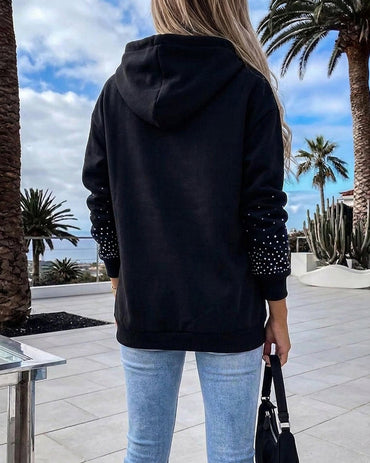 Women's Rhinestone Drawstring Hooded Sweatshirt Casual Sparkly Loose Fit Pullover