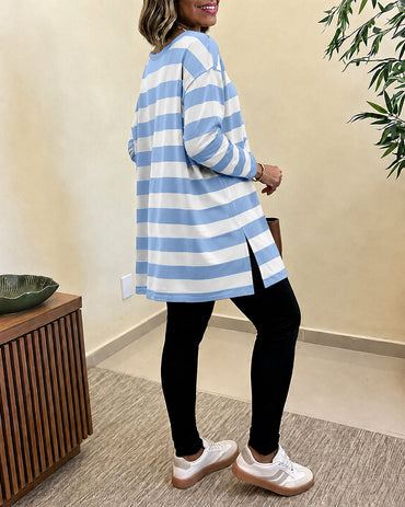 CHICMELIVE Women's Long Sleeve Striped Tops Drop Shoulder Crewneck T Shirts