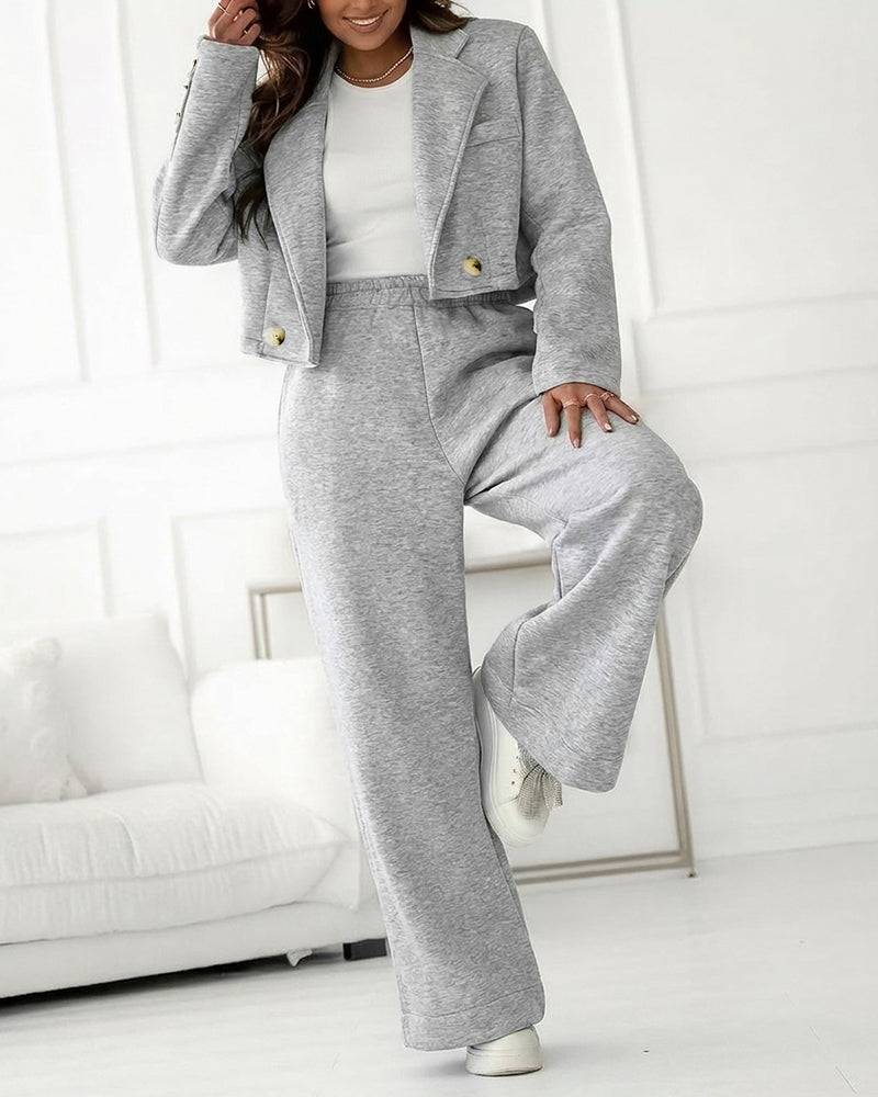 CHICME Women's 2-Piece Set Casual Cropped Blazer and High Waist Wide Leg Pants Set Relaxed Fit Suit Outfits