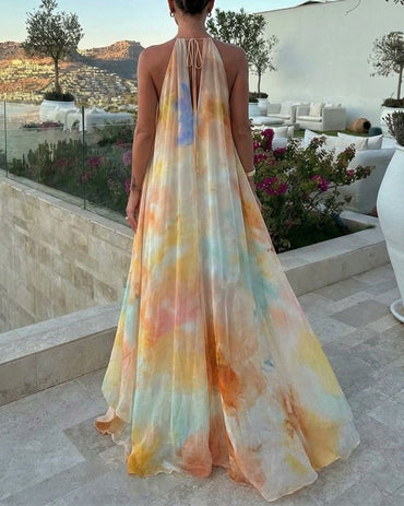 CHICME Women's Tie Dye Print Chiffon Maxi Dress Halter Neck Backless Tied Flowy A-Line Long Dress for Vacation