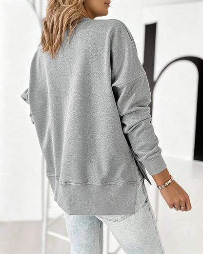 Women's Loose Crewneck Sweatshirt Embossed Letter Print Pullover Top Casual Side Slit Top