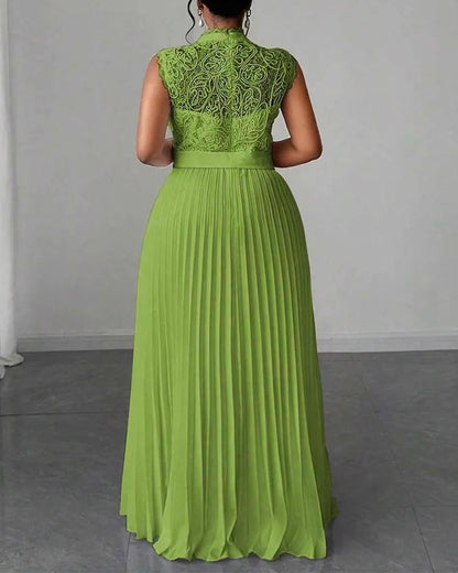 Mock Neck Sleeveless high Waist Pleated Maxi Dress Elegant Lace & Braided Spliced Zipper Back Evening Dress with Belt