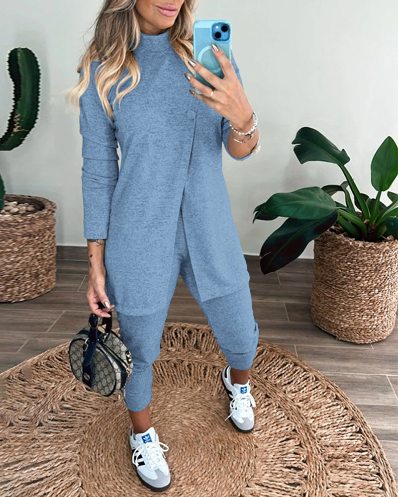 2 Pieces Outfit Mock Neck Long Sleeve Button Decor Slit Mid-Length Top and Stretchy Drawstring High Waist Slim Fit Pants Set