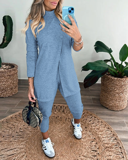 2 Pieces Outfit Mock Neck Long Sleeve Button Decor Slit Mid-Length Top and Stretchy Drawstring High Waist Slim Fit Pants Set