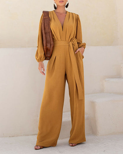 Deep V Neck 3D Design Tie Waist Ruched Overalls Casual Cinched Waist Zipper Back Textured Jumpsuit with Belt