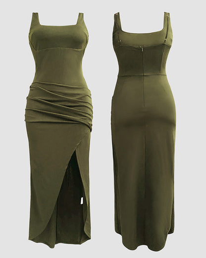 Sexy Square Neck Thick Strap Backless Slit Dress
