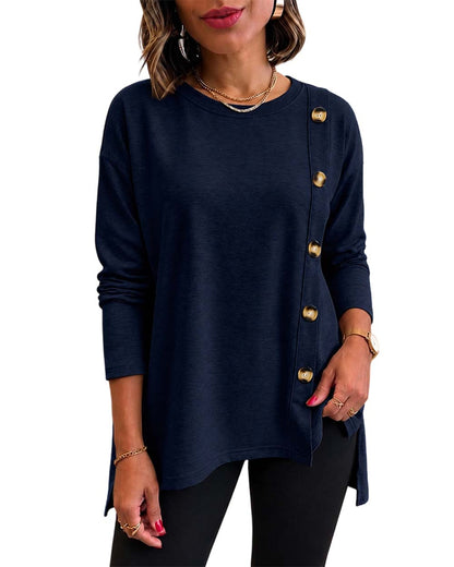 CHICMELIVE Womens Long Sleeve Tops with Buttons Dressy Casual Crewneck Shirts
