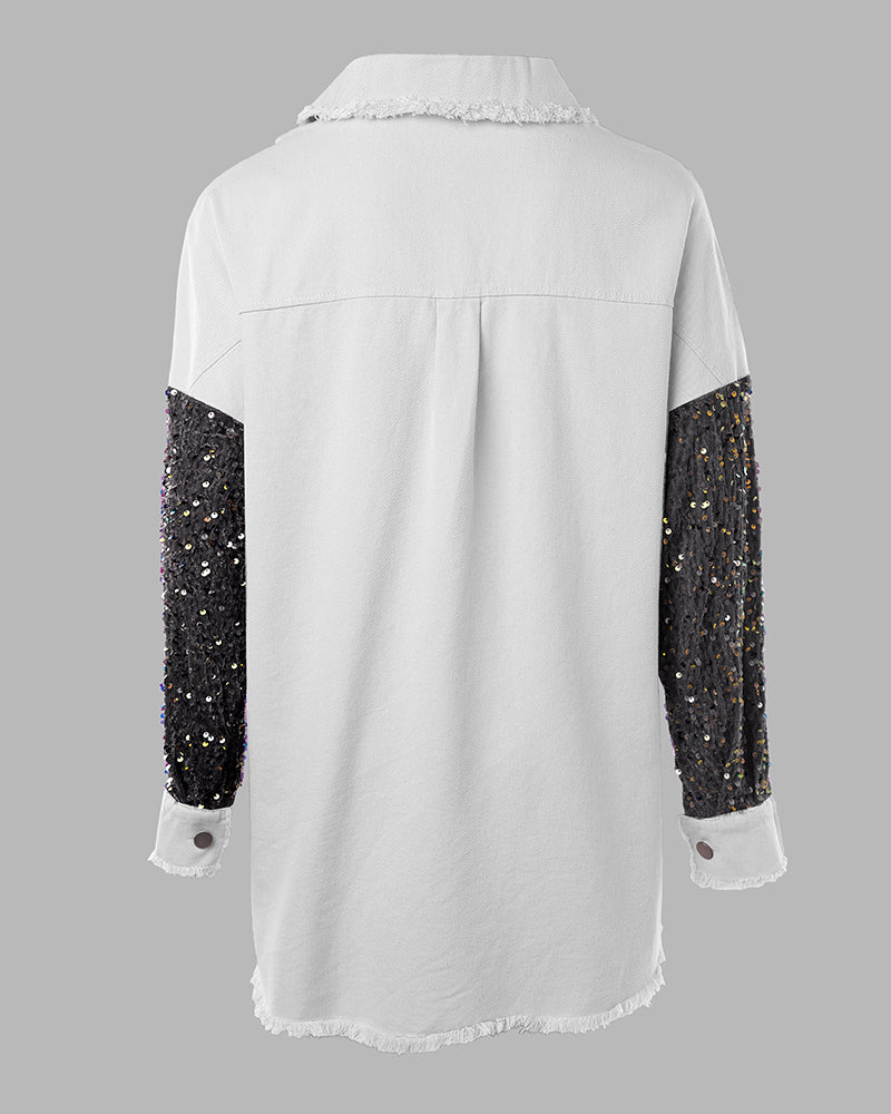 Casual Jacket Sequin Patchwork Long Sleeve Jacket Top Button Front Raw Hem Oversized Denim Shacket