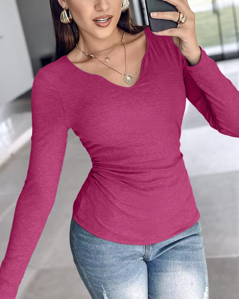 ChicMe Built-in Bra Notch Neck Long Sleeve Shirts Rib-Knit Ruched Waist Top