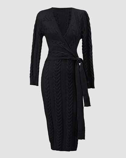 Cable Textured Overlap Deep V-Neck Long Sleeve Mid-Length Dress Tie Waist Slim Fit Knit Dress