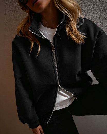 Women's Two-Way Zipper Front Stretchy Hem Coat Stand Collar Drop Shoulder Sweatshirt with Pockets
