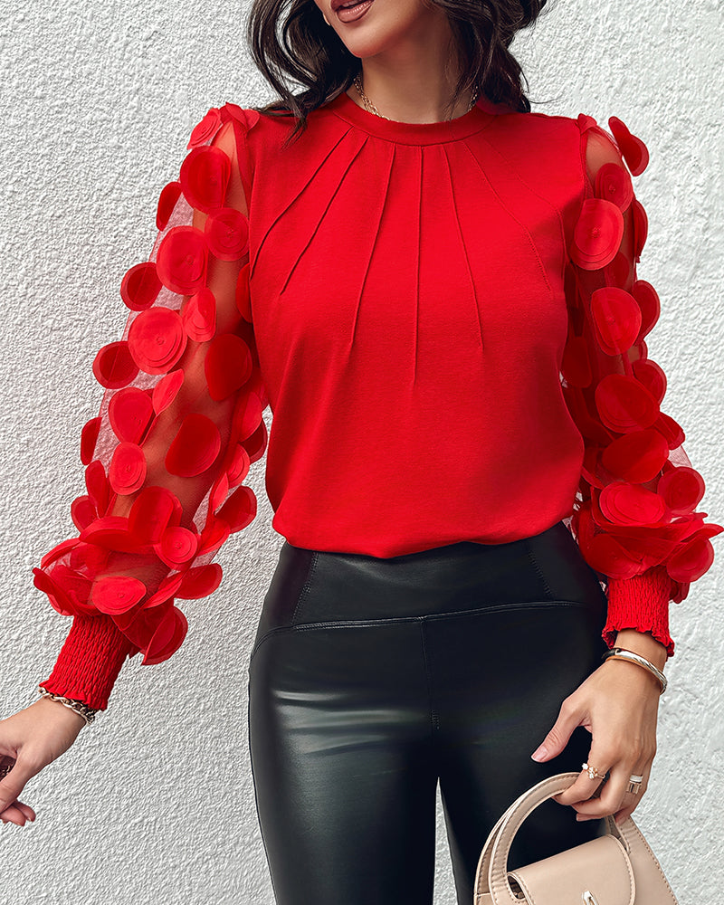 3D Polka Dot Appliques Mesh Long Sleeve Blouse Casual Shirred Cuffs Seam Front Top