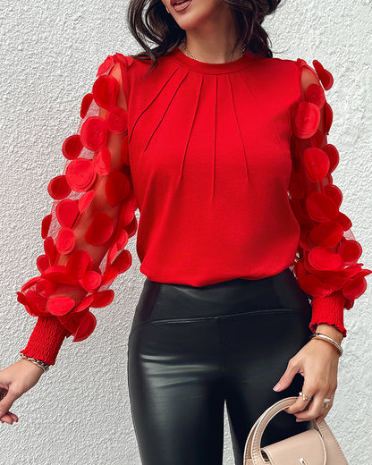 3D Polka Dot Appliques Mesh Long Sleeve Blouse Casual Shirred Cuffs Seam Front Top