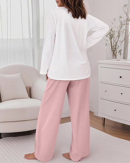 2 Pieces Outfit Floral Placement Print Long Sleeve Drop Shoulder Top and Elastic Waist Pants Set Causal Pajamas Set