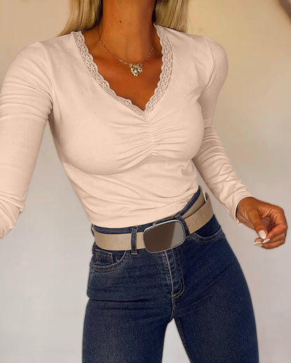 CHICMELIVE Women Lace Long Sleeve Top V Neck Fitted Shirts Fall Blouses