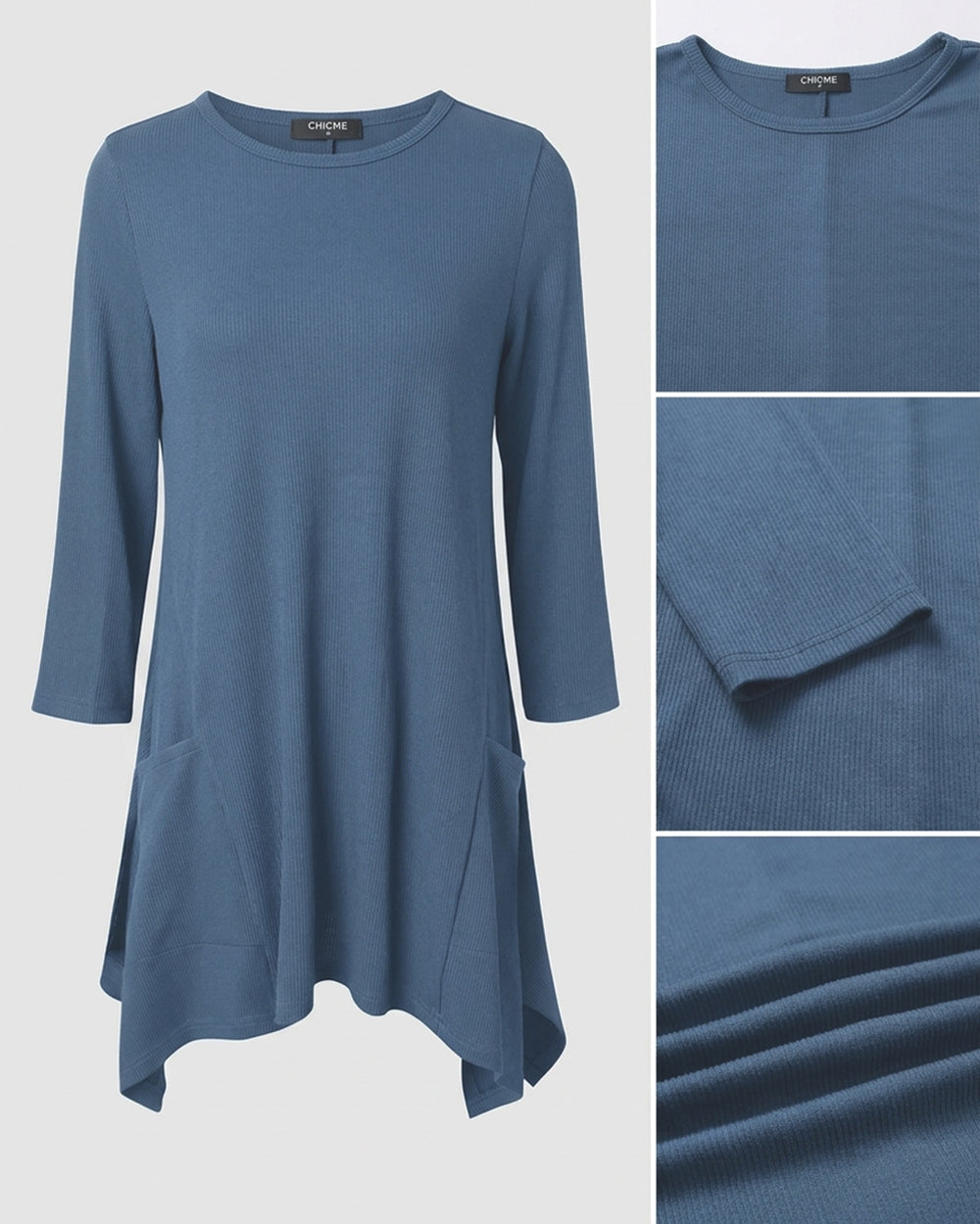 CHICMELIVE Womens 3/4 Sleeve Ribbed Tunic Asymmetrical Hem Loose Top