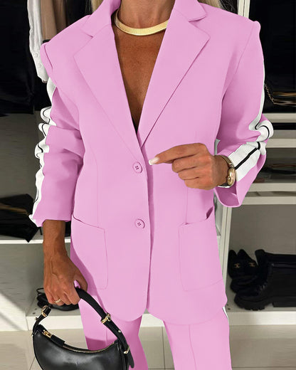 2 Pieces Outfit Notched Collar Single Breasted Pockets Design Coat and Elastic Waist Seam Front Wide Leg Pants Set Casual Contrast Side Striped Blazer Set