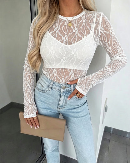CHICMELIVE Lace Top Sheer Mesh Fitted Shirts for Women with Thumb Holes
