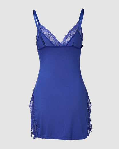 Lace Trim Adjustable straps Side Slit Bowknot Decor Modal Cami Sleep Dress