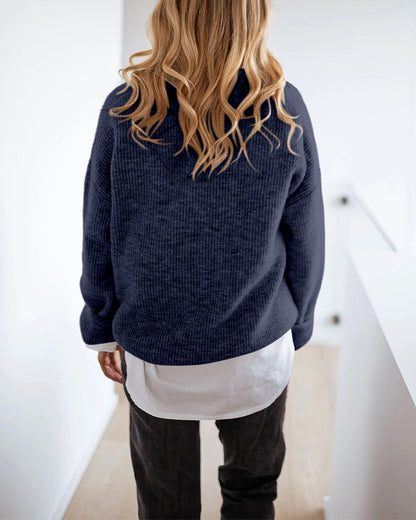 Women's Rib-Knit Polo Sweater V-Neck Collared Long Sleeve Pullover Loose Fit Drop Shoulder Top