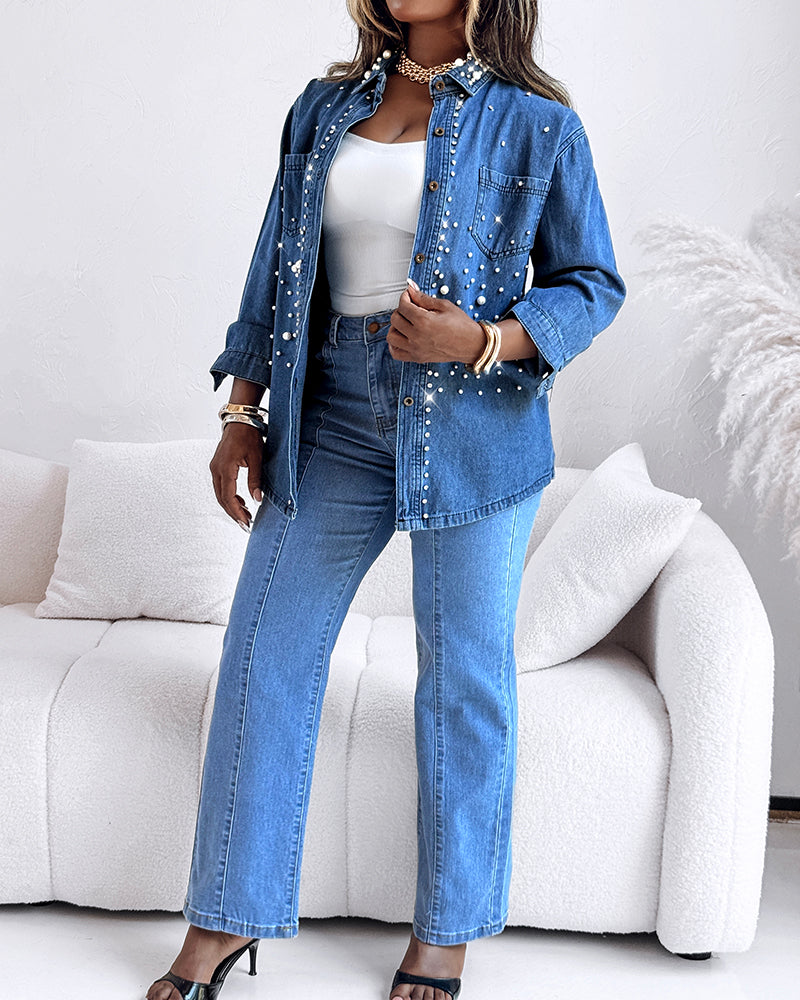 Pearls & Rhinestone Decor Turn-down Collar Button Front Denim Shirt Coat Casual Top