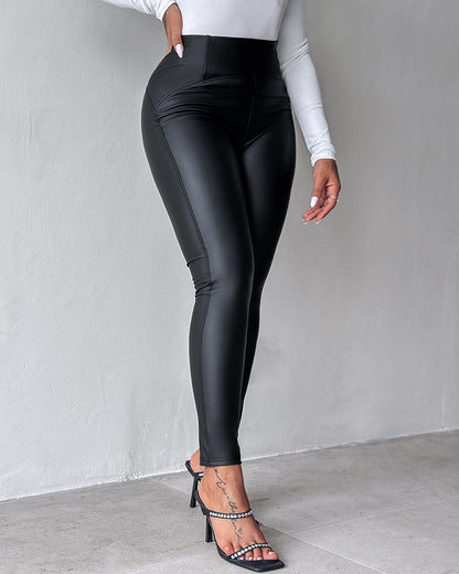 ChicMe CurveEase PU Leather Leggings High Waist Curved Fleece Lined Tights Casual Pants